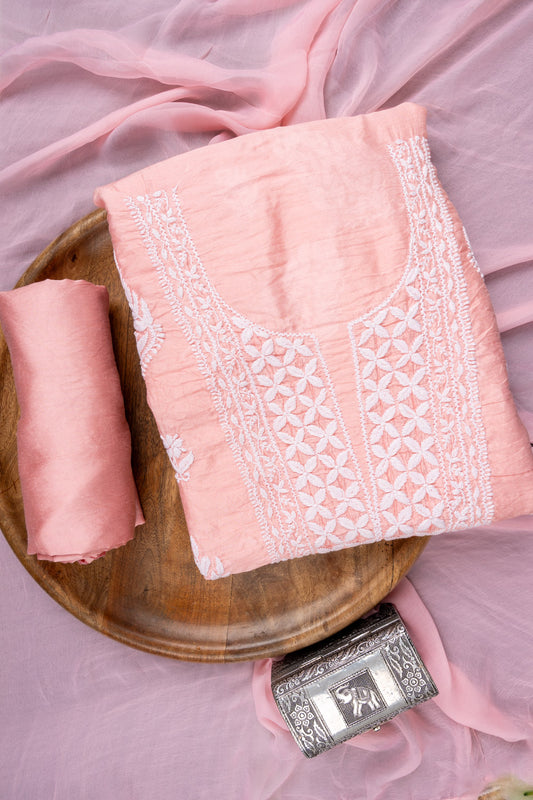 Peach Threadwork Cotton Unstitched Salwar Suit With Chiffon Dupatta