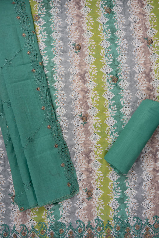 Pista Zari Threadwork & Floral Printed Cotton Unstitched Salwar Suit With Cotton Dupatta