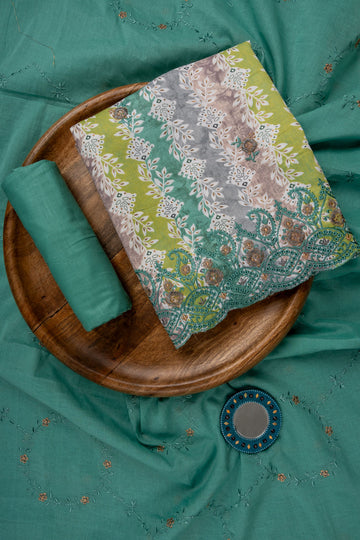 Pista Zari Threadwork & Floral Printed Cotton Unstitched Salwar Suit With Cotton Dupatta