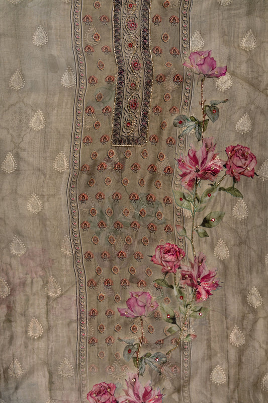 Pista Cutdana, Mirror Sheet, Threadwork & Floral Printed Organza Unstitched Salwar Suit With Chiffon Dupatta