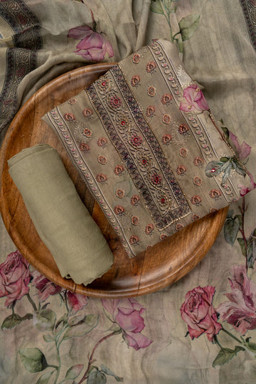 Pista Cutdana, Mirror Sheet, Threadwork & Floral Printed Organza Unstitched Salwar Suit With Chiffon Dupatta