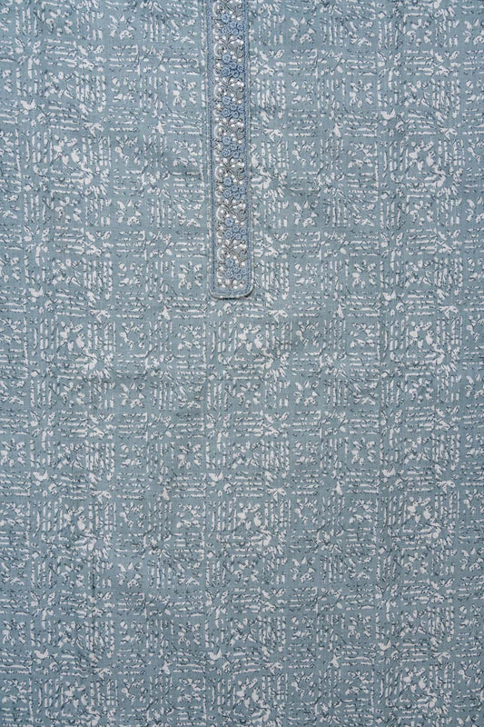 Grey Threadwork & Digital Printed Cotton Unstitched Salwar Suit With Cotton Dupatta