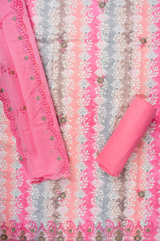 Pink Zari Threadwork & Floral Printed Cotton Unstitched Salwar Suit With Cotton Dupatta