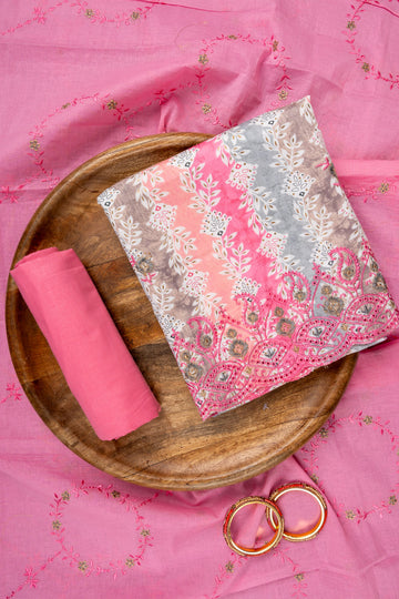 Pink Zari Threadwork & Floral Printed Cotton Unstitched Salwar Suit With Cotton Dupatta