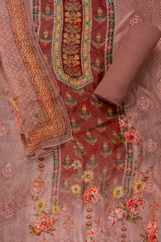 Onion Cutdana, Mirror Sheet, Threadwork & Floral Printed Organza Unstitched Salwar Suit With Chiffon Dupatta