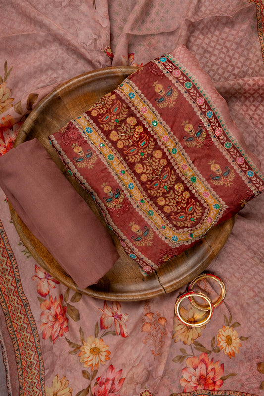 Onion Cutdana, Mirror Sheet, Threadwork & Floral Printed Organza Unstitched Salwar Suit With Chiffon Dupatta