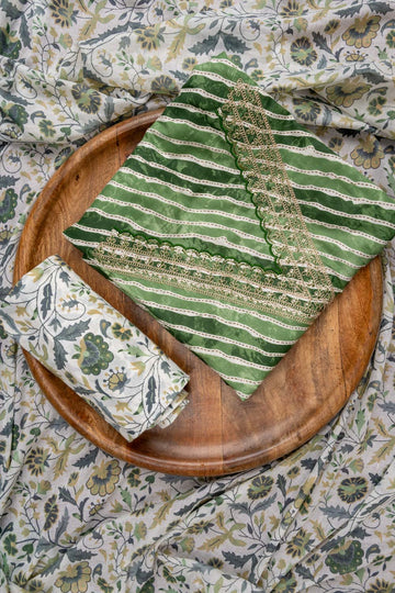 Pista Sequence, Zari Threadwork & Lehriya Printed Cotton Unstitched Salwar Suit With Cotton Dupatta