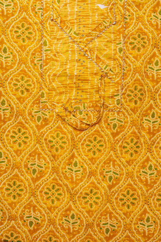 Mustard Gotta Patti & Bandhini Printed Cotton Unstitched Salwar Suit With Cotton Dupatta