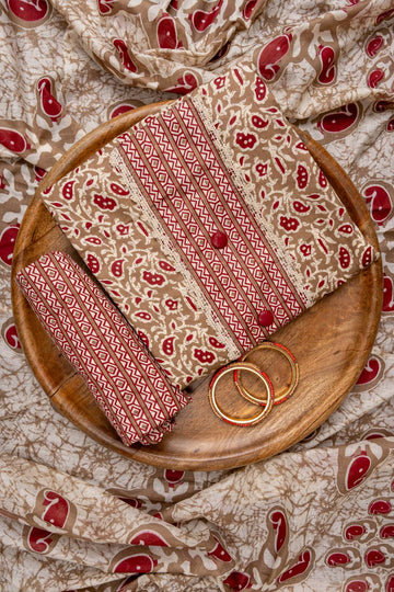 Chikoo Maroon Floral Printed Cotton Unstitched Salwar Suit With Cotton Dupatta