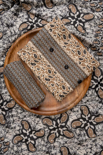 Chikoo Black Floral Printed Cotton Unstitched Salwar Suit With Cotton Dupatta