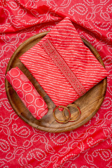 Coral Cutdana, Meenakari, Threadwork & Lehriya Printed Cotton Unstitched Salwar Suit With Cotton Dupatta