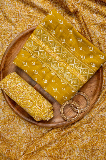 Mustard Sequence, Threadwork & Digital Printed Cotton Unstitched Salwar Suit With Cotton Dupatta