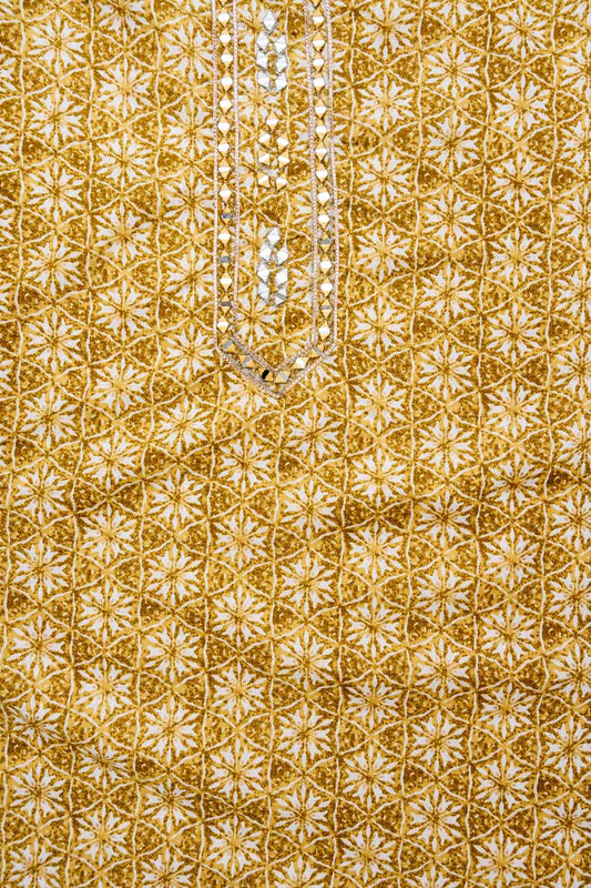 Mustard Mirror, Threadwork & Floral Printed Cotton Unstitched Salwar Suit With Cotton Dupatta