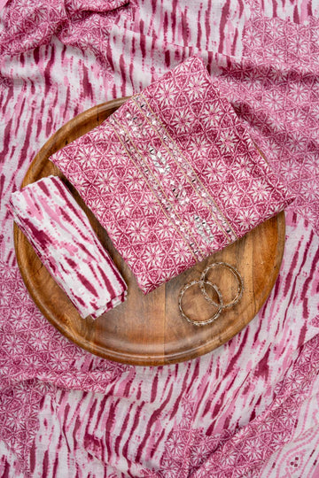 Onion Mirror, Threadwork & Floral Printed Cotton Unstitched Salwar Suit With Cotton Dupatta