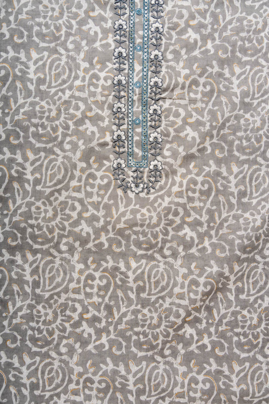 Grey Threadwork & Floral Printed Cotton Unstitched Salwar Suit With Cotton Dupatta