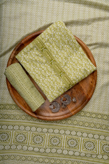 Pista Threadwork & Floral Printed Cotton Unstitched Salwar Suit With Cotton Dupatta