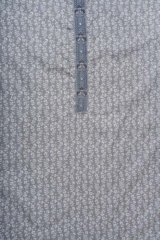 Grey Threadwork & Floral Printed Cotton Unstitched Salwar Suit With Cotton Dupatta