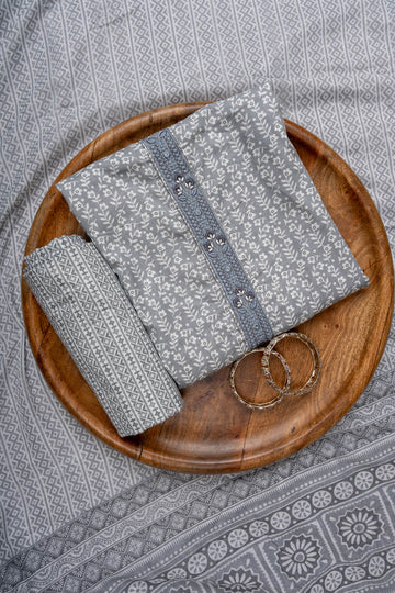 Grey Threadwork & Floral Printed Cotton Unstitched Salwar Suit With Cotton Dupatta