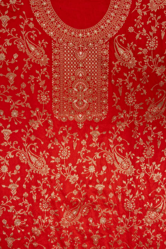 Red Banarasi Woven Zari Cotton Unstitched Salwar Suit With Cotton Dupatta