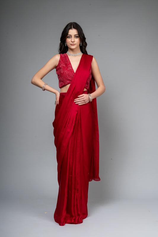 Maroon Cutdana & Sequence Organza Pre-Draped Designer Saree With Readymade Blouse