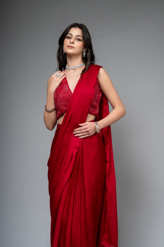 Maroon Cutdana & Sequence Organza Pre-Draped Designer Saree With Readymade Blouse