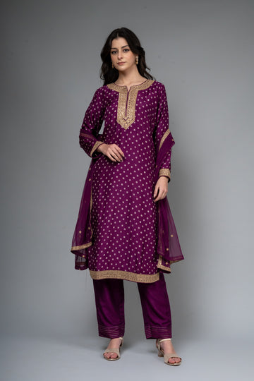 Purple Dolna Readymade Suit And Pant With Net Dupatta