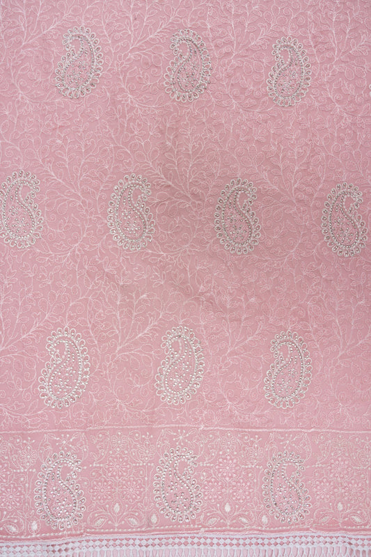 Pink Zarkan & Threadwork Cotton Unstitched Salwar Suit With Organza Dupatta