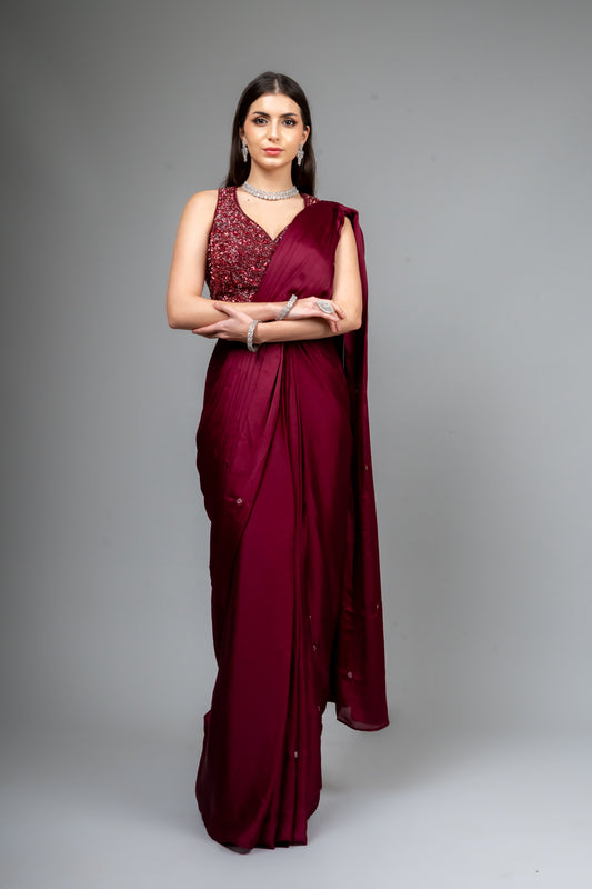 Garnet Cutdana & Sequence Pre-Draped Designer Satin Saree With Readymade Blouse