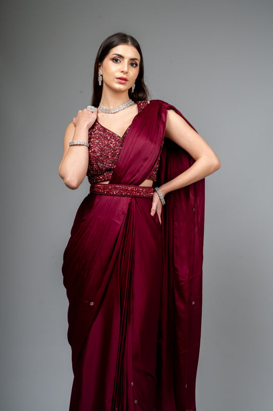 Garnet Cutdana & Sequence Pre-Draped Designer Satin Saree With Readymade Blouse