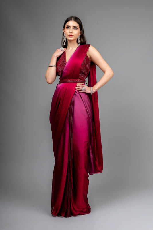 Magenta Cutdana & Sequence Organza Pre-Draped Designer Saree With Readymade Blouse (Ft:-Rishu Diwan Lamba)