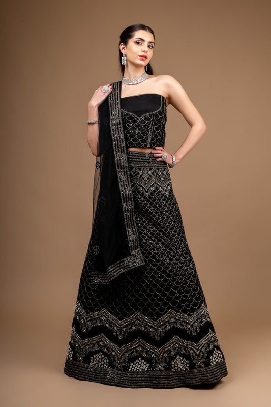 Black Zari Threadwork & Sequence Net Lehenga Set With Unstitched Blouse
