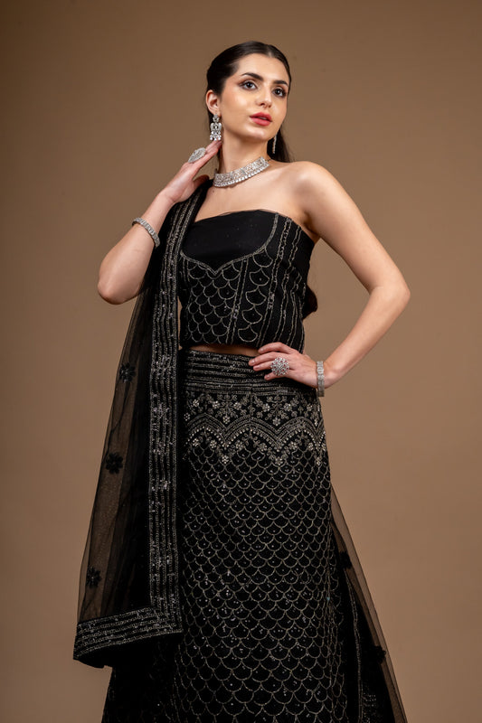 Black Zari Threadwork & Sequence Net Lehenga Set With Unstitched Blouse