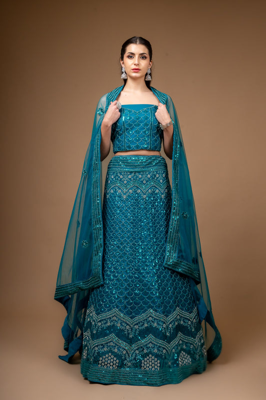 Rama Zari Threadwork & Sequence Net Lehenga Set With Unstitched Blouse