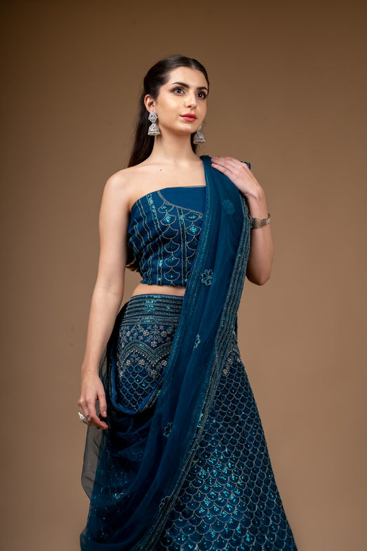 Peacock Zari Threadwork & Sequence Net Lehenga Set With Unstitched Blouse