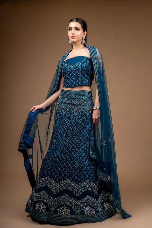 Peacock Zari Threadwork & Sequence Net Lehenga Set With Unstitched Blouse