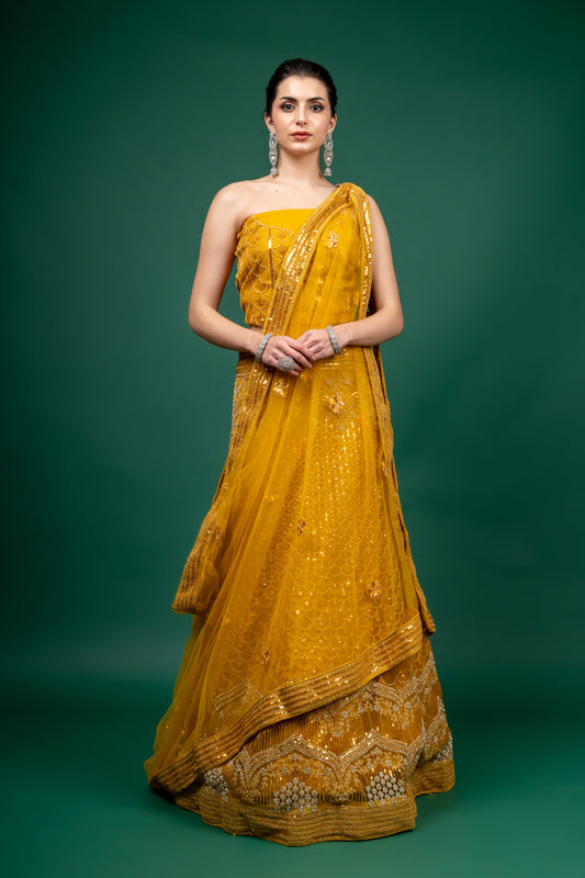 Mustard Zari Threadwork & Sequence Net Lehenga Set With Unstitched Blouse