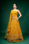 Mustard Zari Threadwork & Sequence Net Lehenga Set With Unstitched Blouse