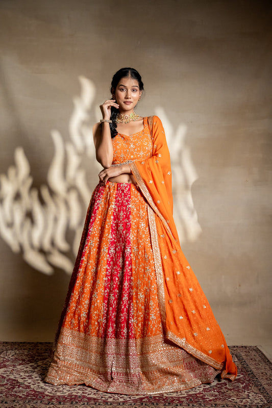 Orange Red Sequence, Zari & Cutdana Georgette Lehenga Set With Readymade Blouse