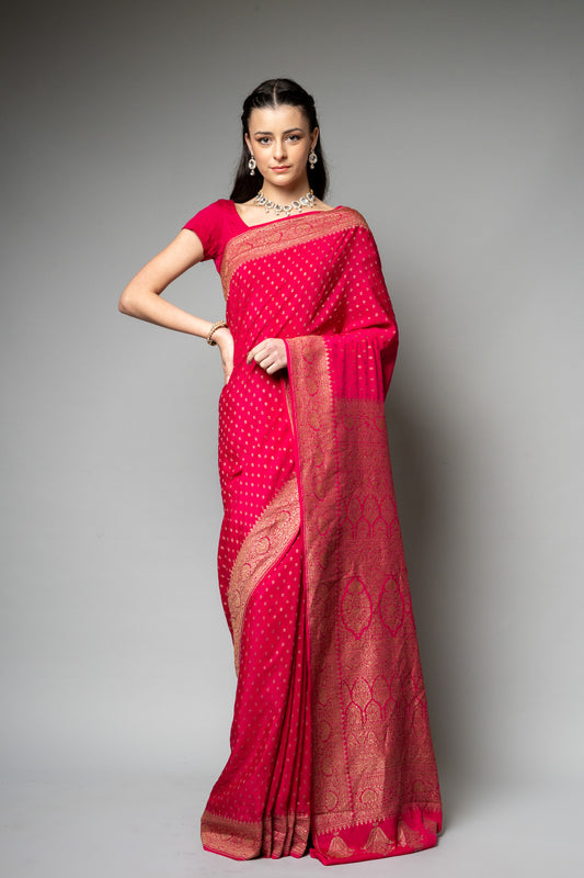 Rani Woven Zari Banarasi Silk Saree With Unstitched Blouse