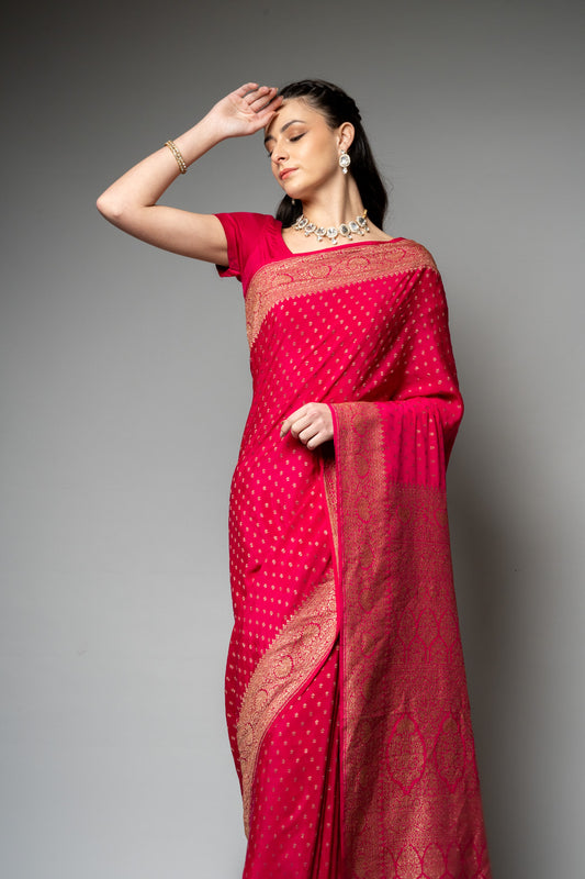 Rani Woven Zari Banarasi Silk Saree With Unstitched Blouse