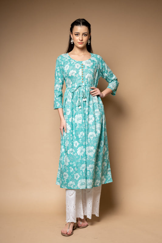 Tea Green Floral Printed Cotton Readymade Long Kurta