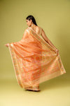 Peach Banarasi Woven Zari & Digital Printed Cotton Saree With Unstitched Blouse