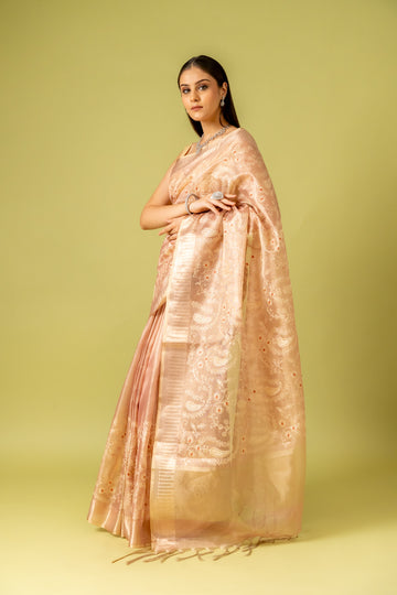 Peach Banarasi Woven Zari & Threadwork Cotton Saree With Unstitched Blouse