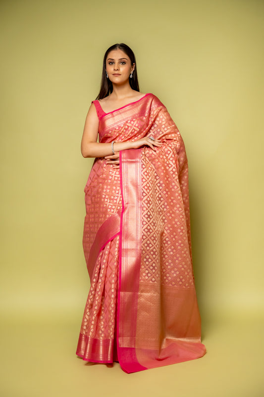Gajari Banarasi Woven Zari Cotton Saree With Unstitched Blouse