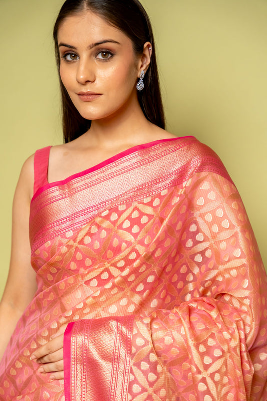 Gajari Banarasi Woven Zari Cotton Saree With Unstitched Blouse