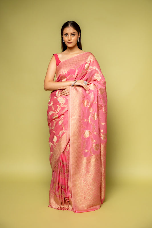 Pink Banarasi Woven Zari Khaddi Georgette Saree With Unstitched Blouse
