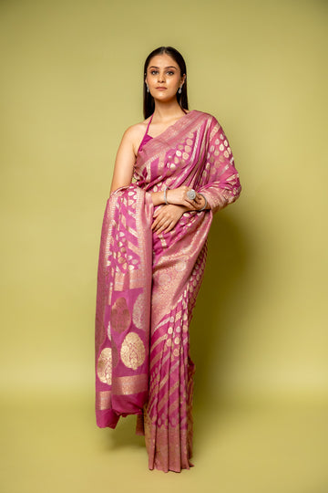 Gajari Banarasi Woven Zari Khaddi Georgette Saree With Unstitched Blouse