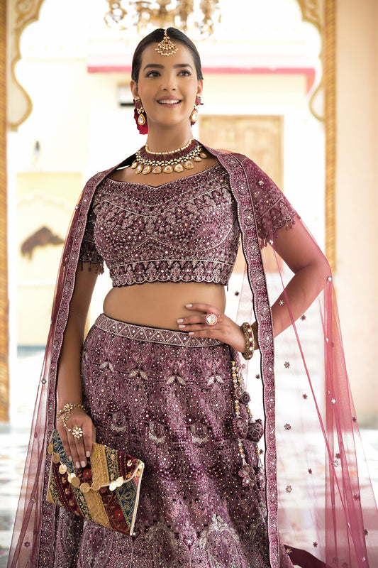 Wine Net Lehenga Set And Net Dupatta With Readymade Blouse
