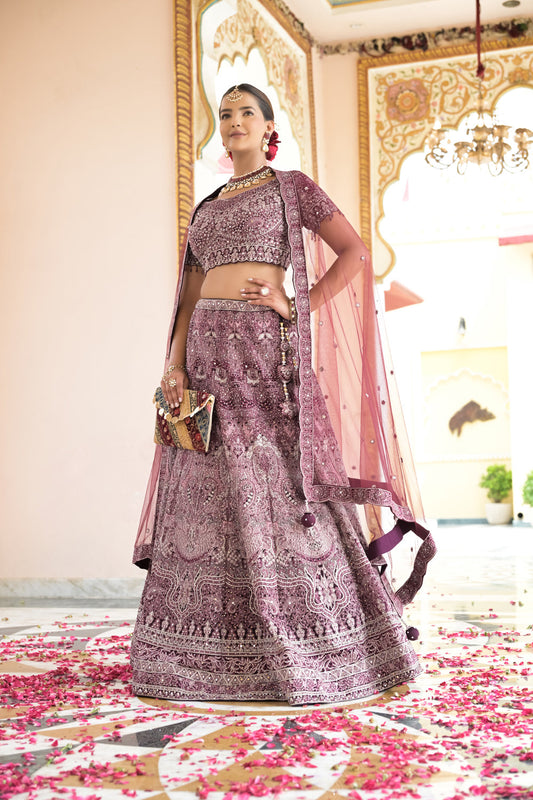 Wine Net Lehenga Set And Net Dupatta With Readymade Blouse