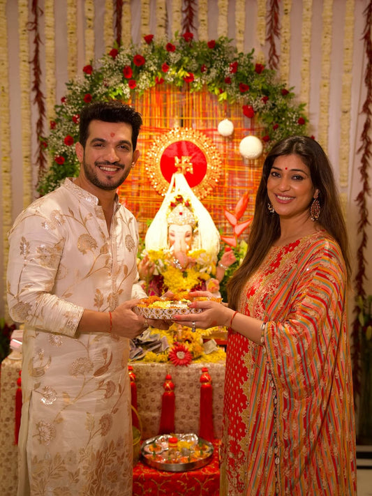 Rust Gotta Patti, Mirror, Sequence & Digital Printed Crepe Readymade Suit With Pant (Ft:-Neha Bijlani)